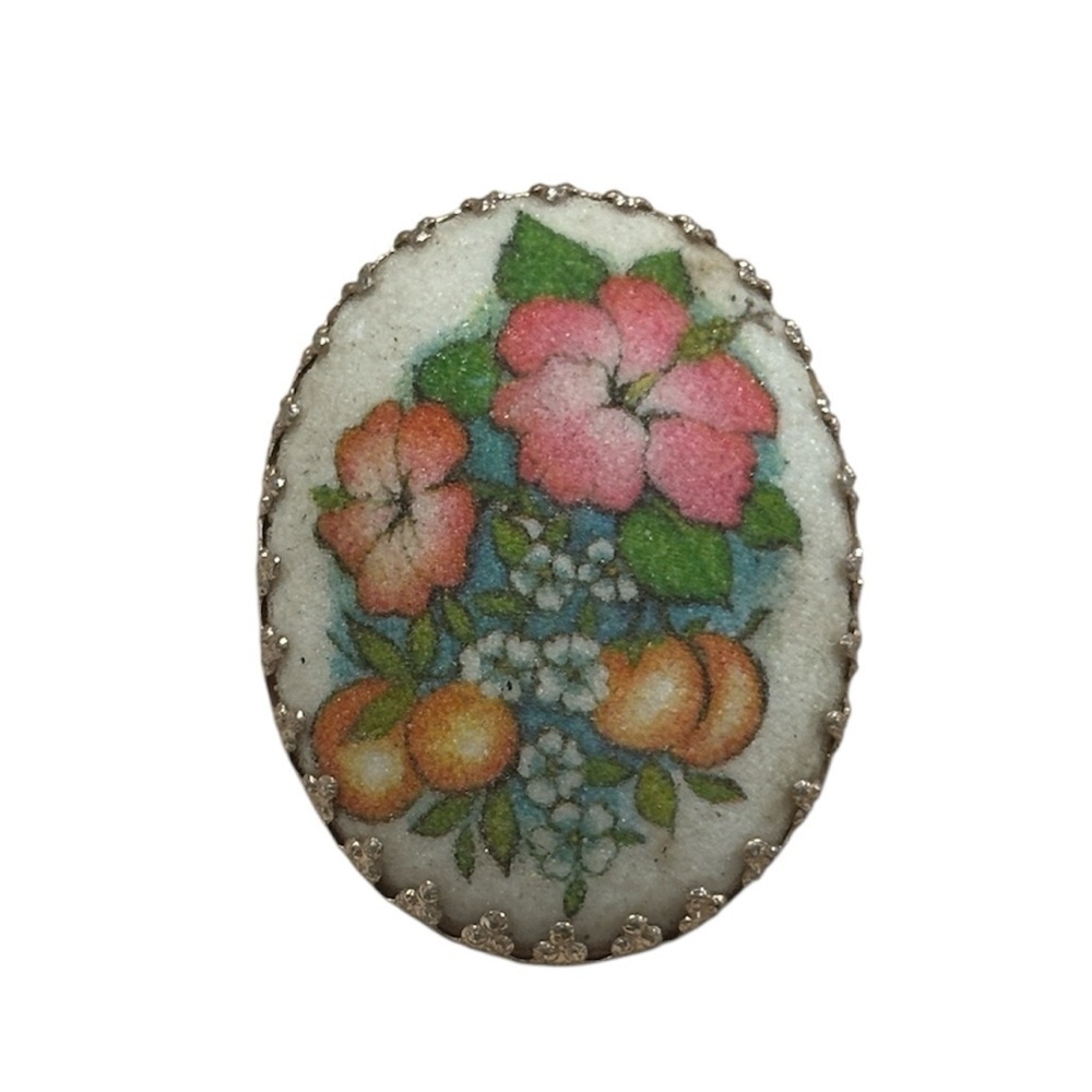 Vintage West Germany Sugar coated Brooch Hibiscus and Peaches, gold edged, pin - Picture 1 of 4